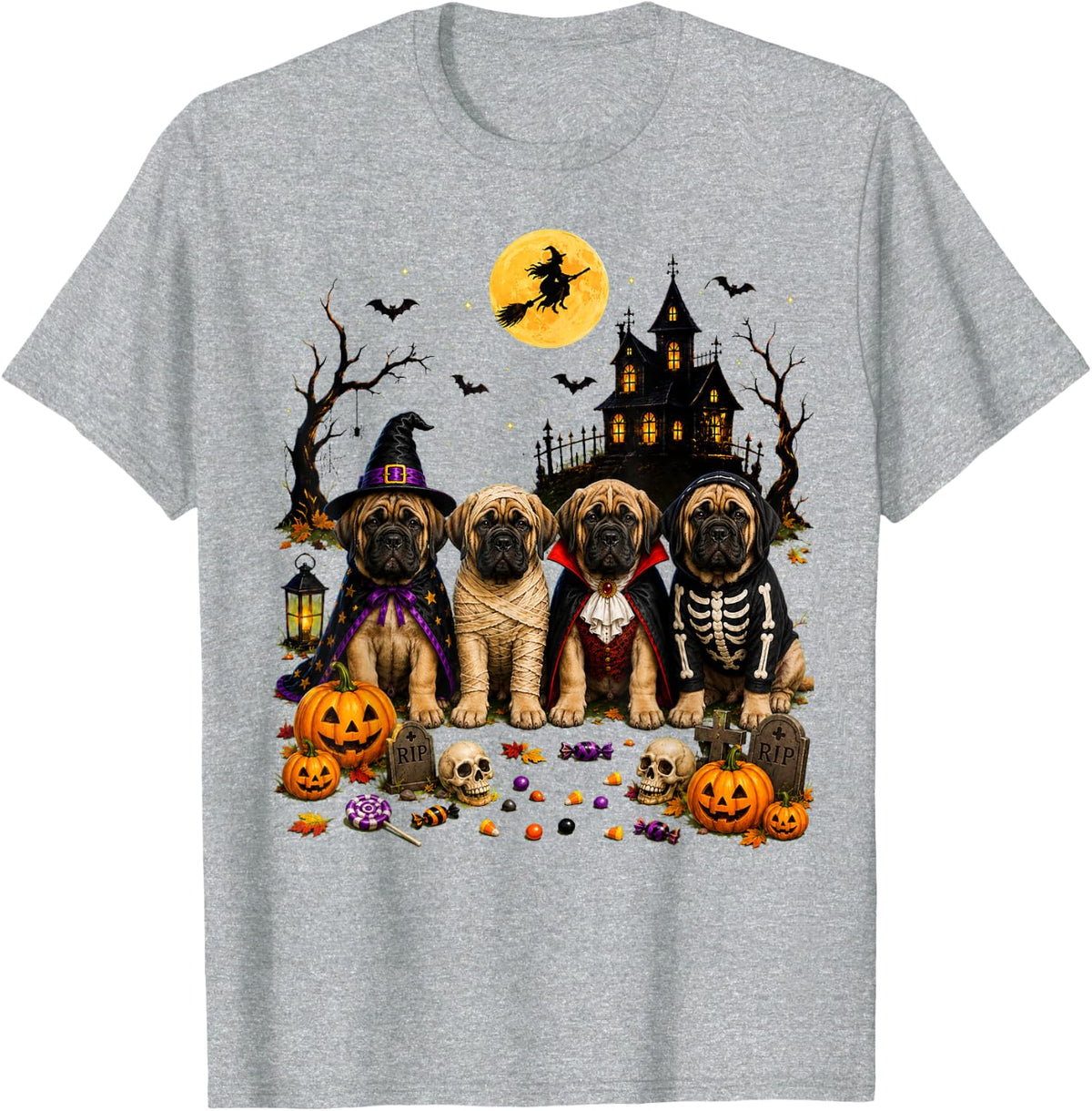 Dog Ghost Cute Mastiff Dressed As Ghost Funny Halloween T-Shirt - Heather Grey